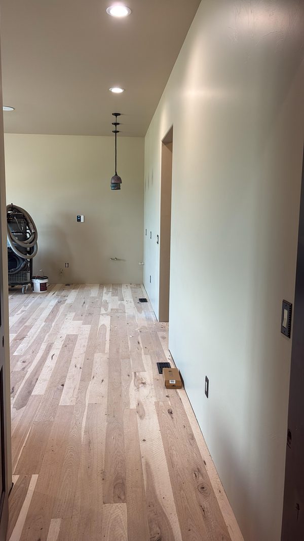 A hallway with soft green walls and wide plank wood floors